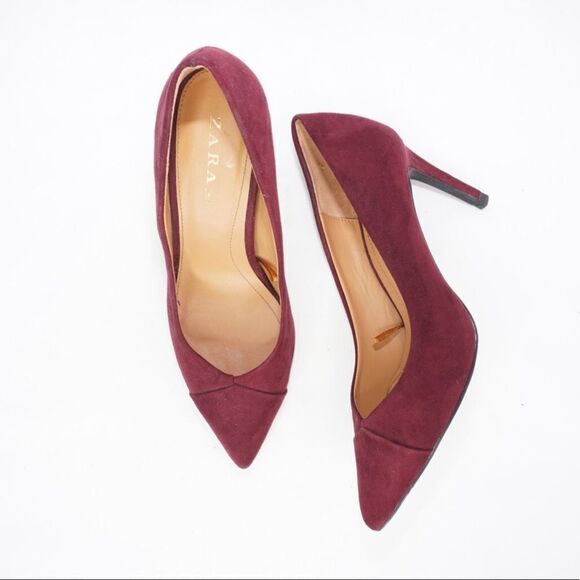 Zara Pointed Toe Red Suede Pumps, Size 37 / 7 - Picture 1 of 9